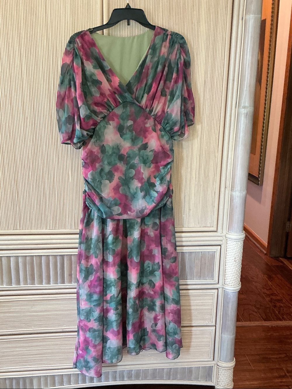 Floral Pink and Green Midi Dress - Women's Wrap Style